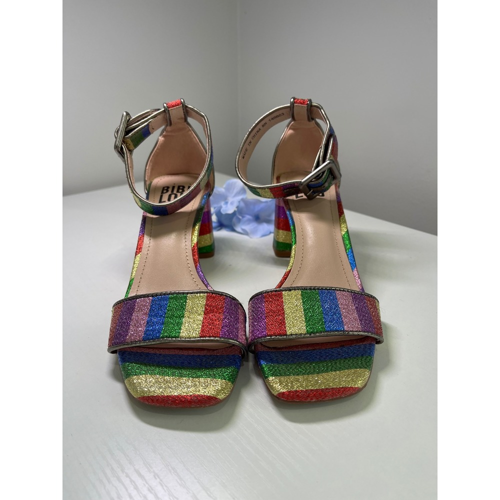 Bibi Lou Rainbow Glitter Block Heel Sandals Square‎ Toe Ankle Strap Size 37